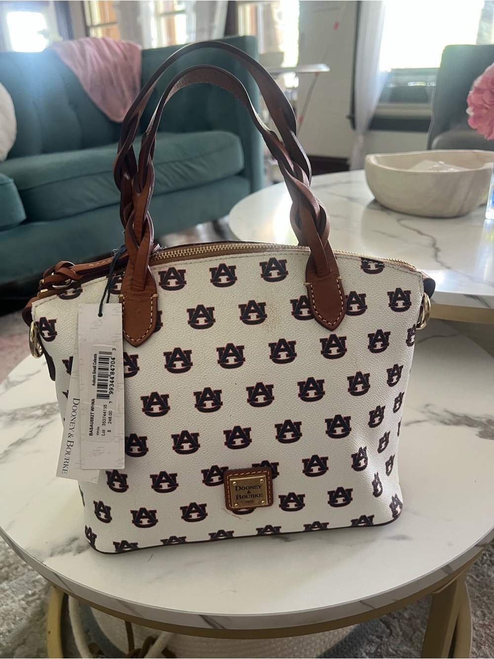 Dooney & Bourke White Canvas Satchel with Brown Leather Trim - Picture 1 of 3